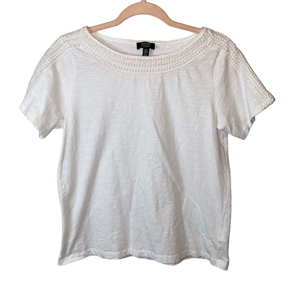 Jones New York White Crochet Trim Short Sleeve Top Women's Medium Casual Classic